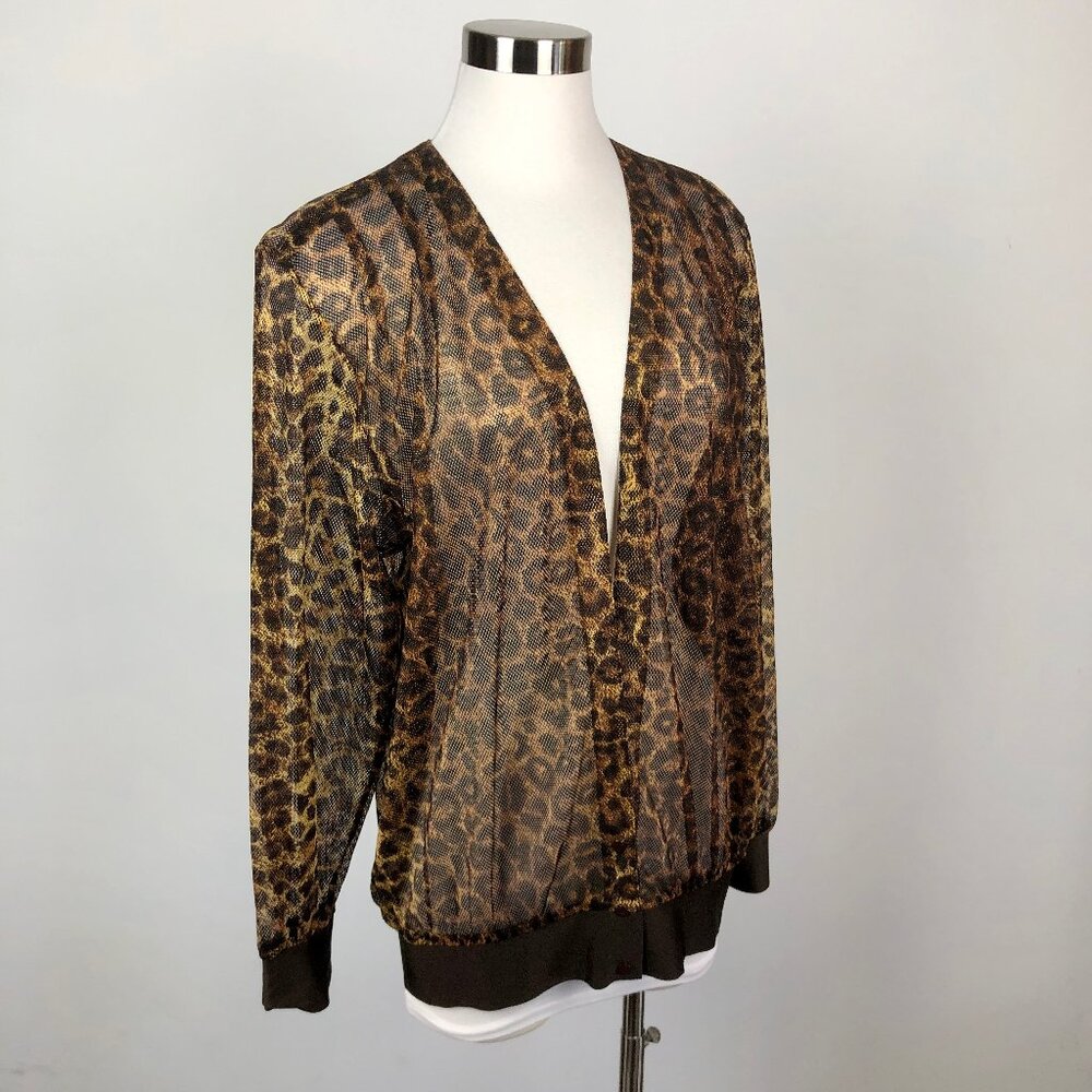 Gottex VTG Metallic Shimmering Mesh Animal Print Cover Up Jacket Snap Hem Size M